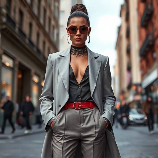 Foto de moda de uma modelo vestindo roupas de alta costura em uma locaäão urbana.
