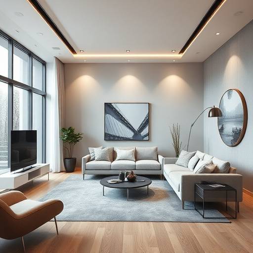 Fotografia de interiores de uma sala de estar moderna com design elegante.