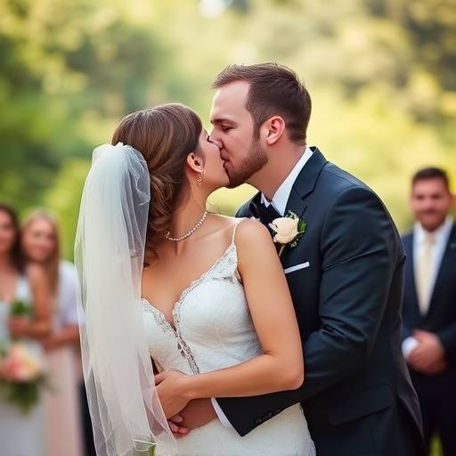 Fotografia de um casal se beijando durante a cerimônia de casamento, com convidados ao fundo.