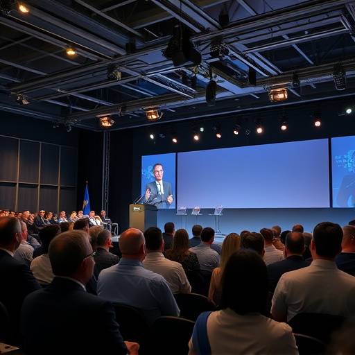 Fotografia de um evento corporativo com palestrantes no palco e plateia assistindo.
