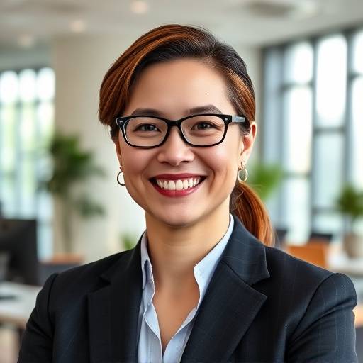 Retrato corporativo de um executivo sorrindo em um ambiente de escritório moderno.