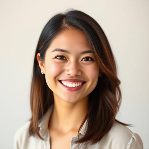 Retrato profissional de uma jovem sorrindo em um fundo neutro, ideal para perfis de carreira.